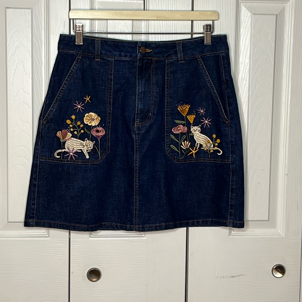 ModCloth X Princess Highway Embroidered Cat Denim Skirt